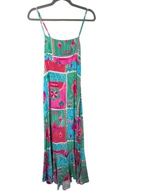 Paper Heart Pink Green Tropical Print Open Back Maxi Dress Size Small